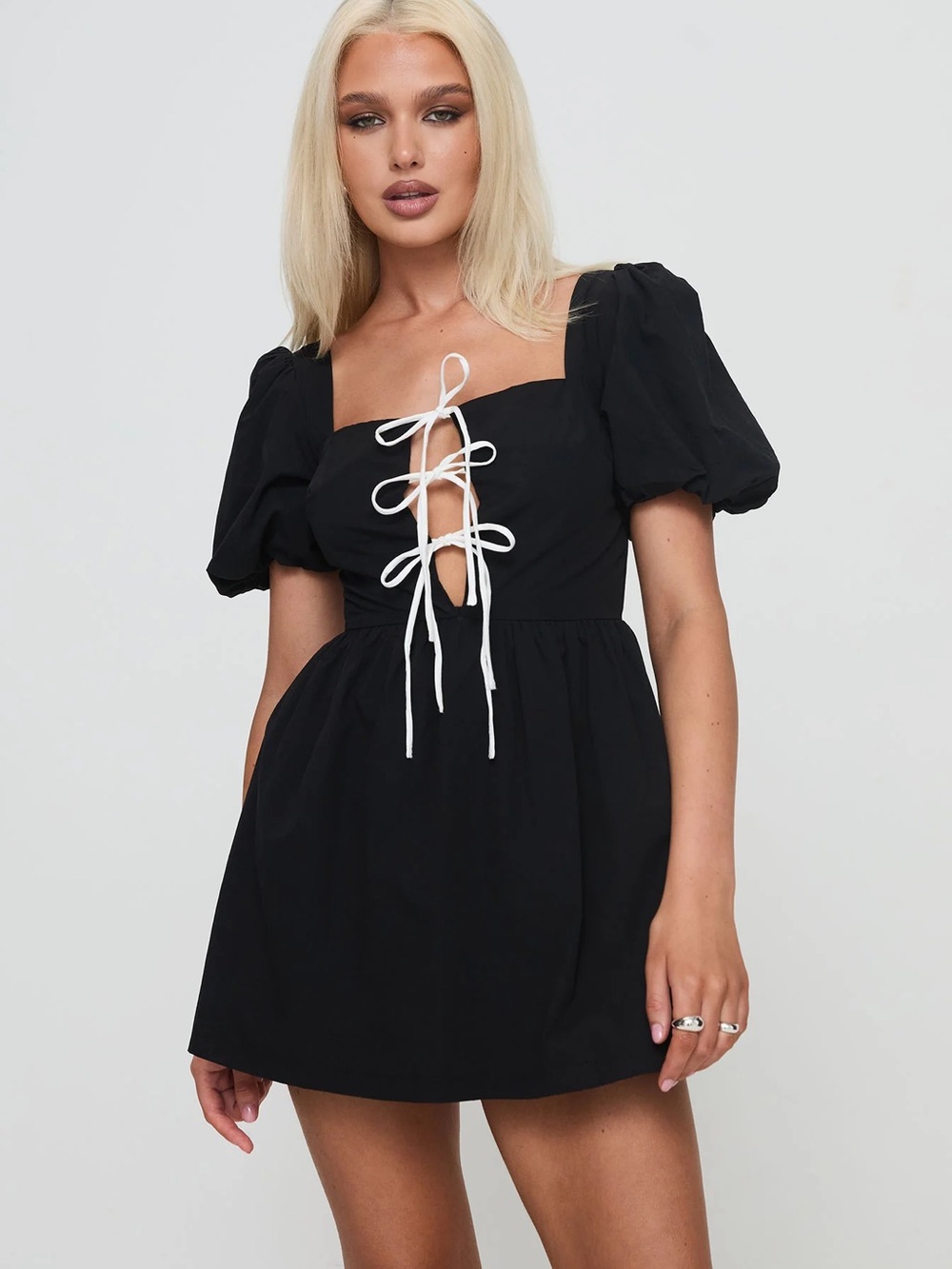 Black Puff Sleeve romper with Contrast Lace-Up